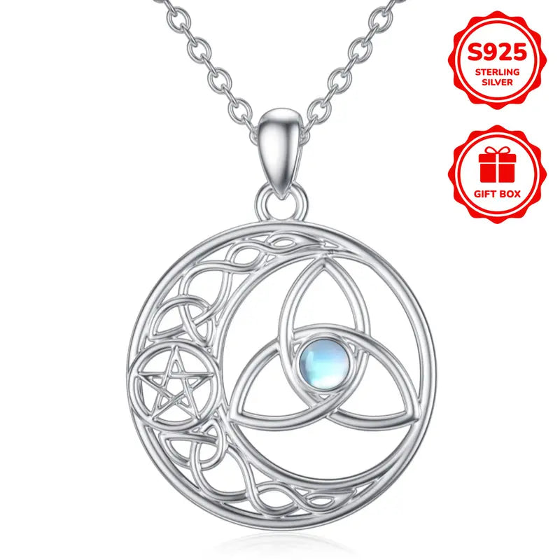 Sterling Silver Celtic Symbols Moonstone Pendant & Chain