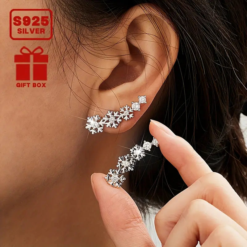 Sterling Silver Snowflake Cubic Zirconia Climber Earrings