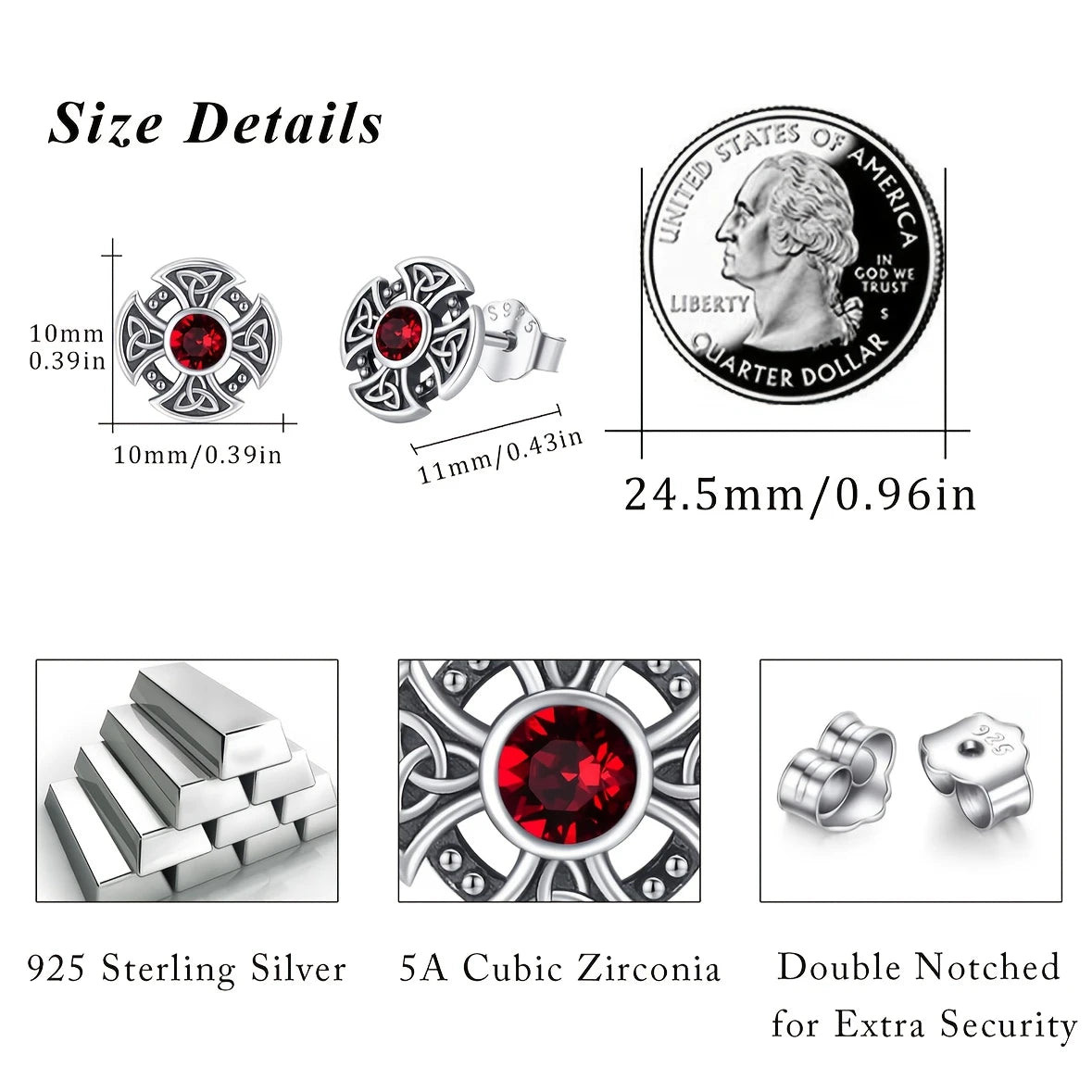 Sterling Silver Viking Celtic Knot Red Cubic Zirconia Stud Earrings