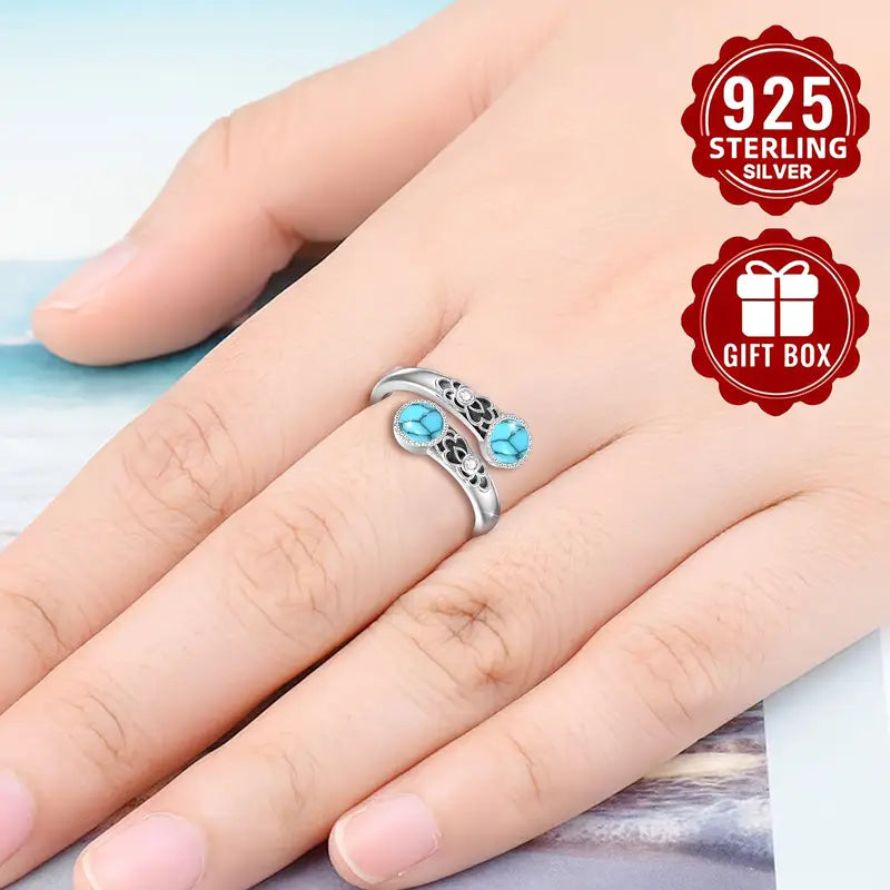 Sterling Silver Round Turquoise Patterned Ring (Large) Adjustable P-T