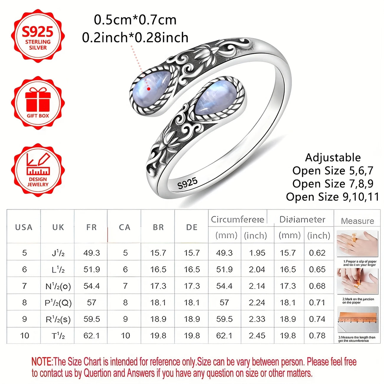 Sterling Silver Teardrop Moonstone Flower Pattern Ring (Adjustable N-S)