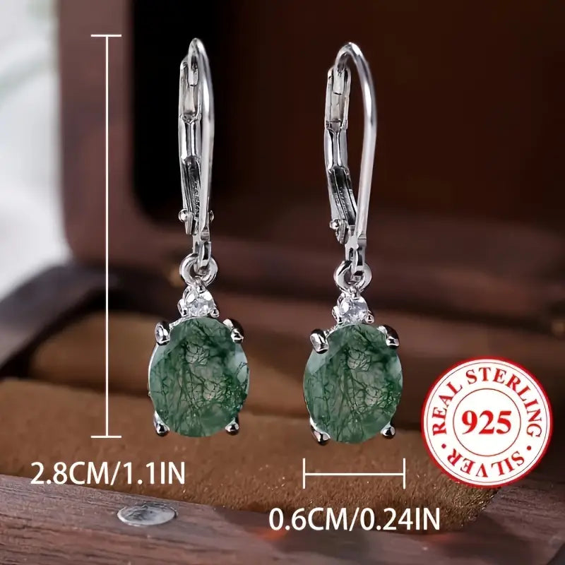 Rose Gold Plated Sterling Silver Oval Moss Agate Drop Earrings