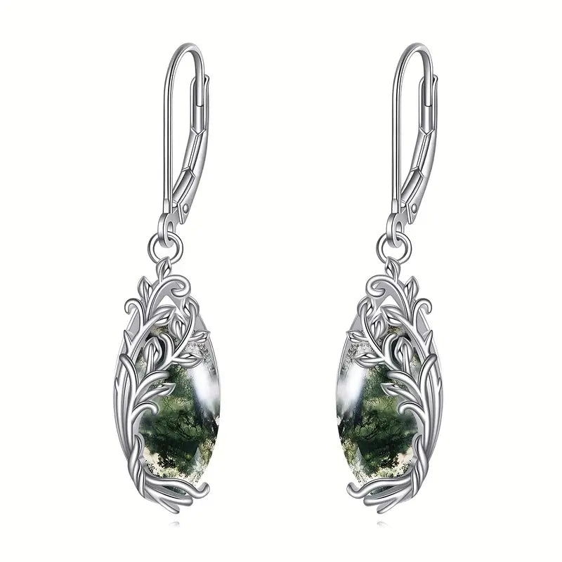 Sterling Silver Moss Agate Vine Filigree Drop Earrings