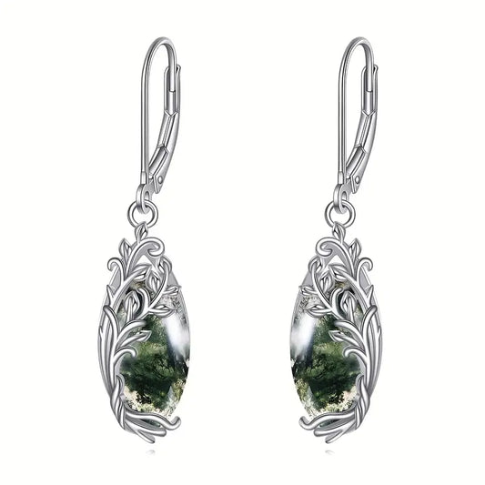 Sterling Silver Moss Agate Vine Filigree Drop Earrings