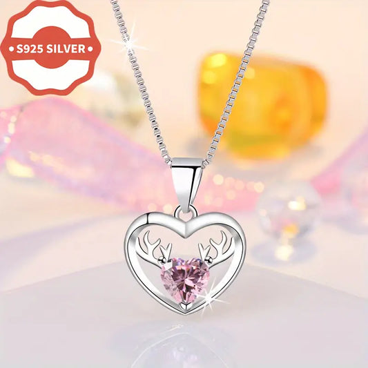 Sterling Silver Antler Heart Pink Cubic Zirconia Pendant & Chain