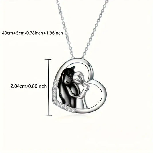 Sterling Silver 2 Tone (Black) Hugging Horse & Lady Cubic Zirconia Heart Pendant & Chain
