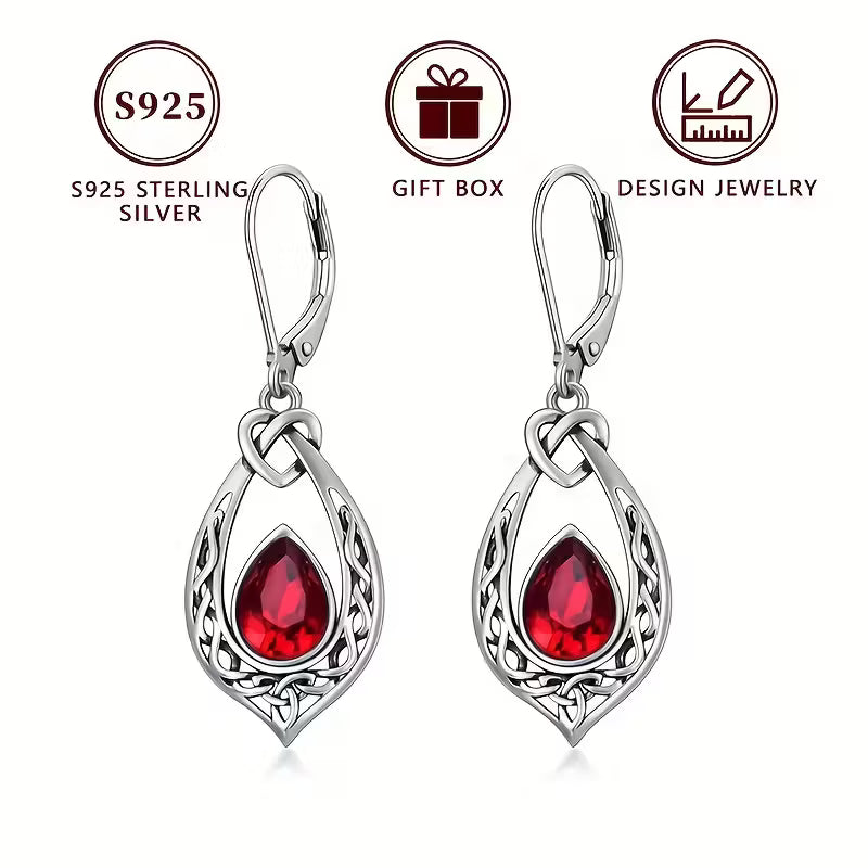 Sterling Silver Celtic Knot Red CZ Teardrop Drop Earrings