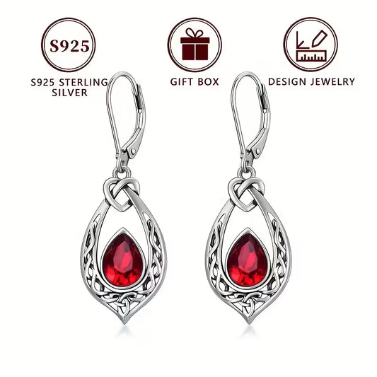 Sterling Silver Celtic Knot Red CZ Teardrop Drop Earrings