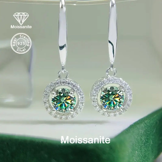 Sterling Silver 1ct Round Blue/Green Moissanite Drop Earrings