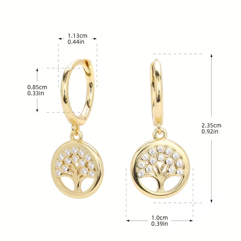 Gold Plated Sterling Silver Tree of Life Cubic Zirconia Hoop Drop Earrings