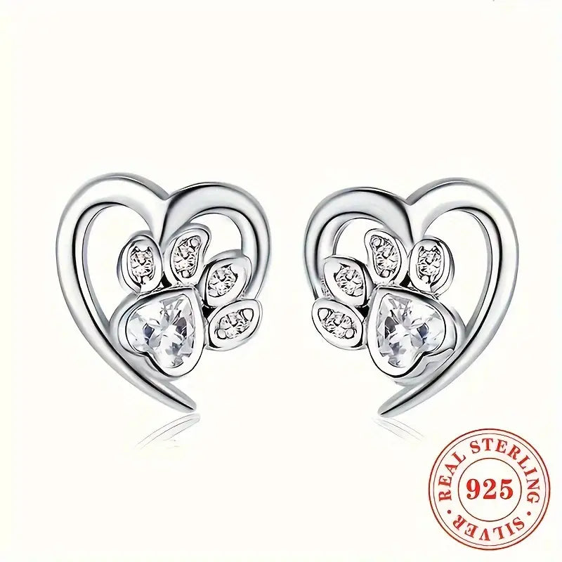 Sterling Silver White Cubic Zirconia Paw Print Heart Stud Earrings