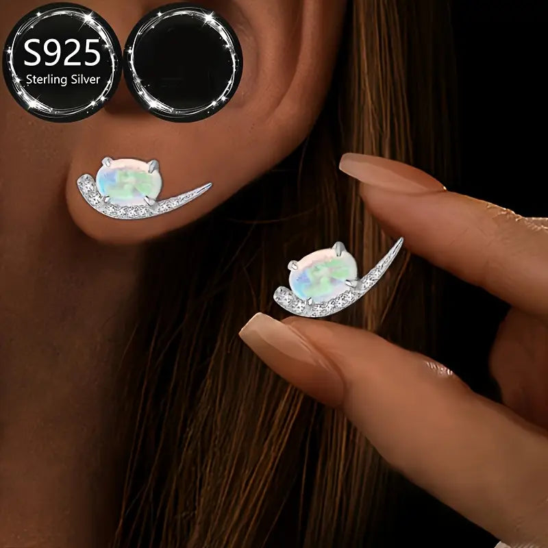Sterling Silver Oval Opal & Cubic Zirconia Stud Earrings