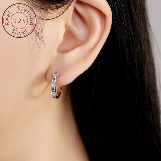 Sterling Silver Butterfly Blue Cubic Zirconia Hoop Earrings