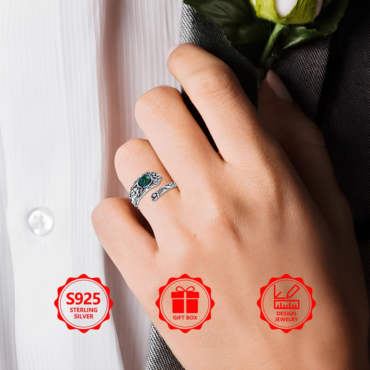 Sterling Silver Oval Opal Flower Pattern Ring Adjustable size O-T