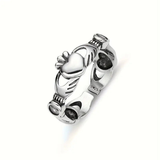 Sterling Silver Claddagh White Cubic Zirconia Heart Ring Adjustable P-T
