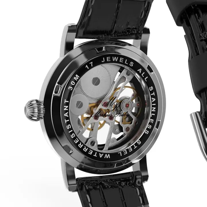 Markus Ruby Mechanical Men's Skeleton Wrist Watch (Black Leather Strap)