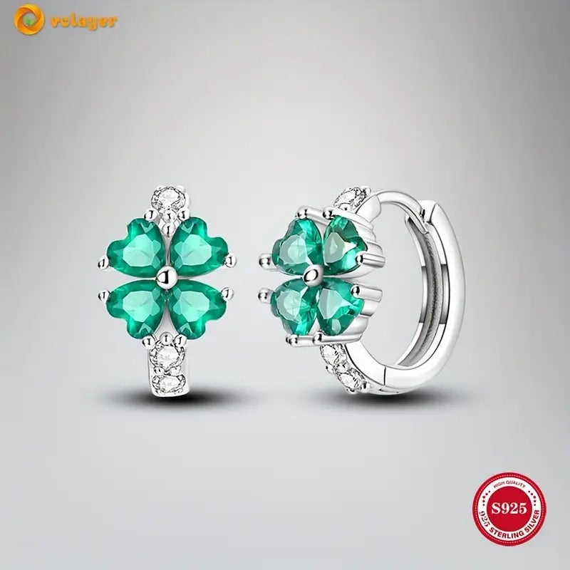 Sterling Silver 4 Leaf Clover Green Cubic Zirconia Small Hoop Earrings