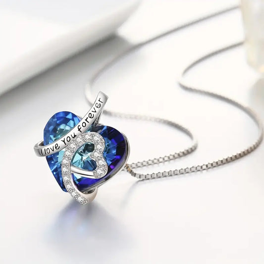 Sterling Silver 'I Love You Forever' Blue Crystal Heart Pendant & Chain