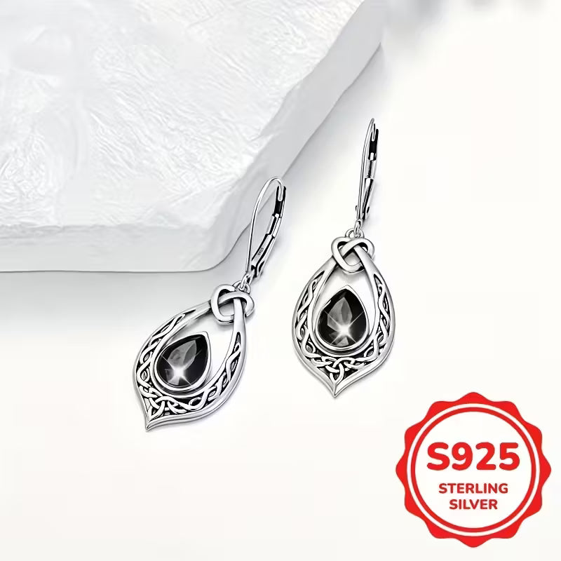 Sterling Silver Celtic Knot Black CZ Teardrop Drop Earrings