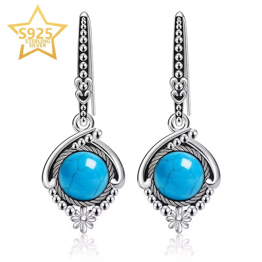 Sterling Silver Retro Bohemian Style Turquoise Drop Earrings