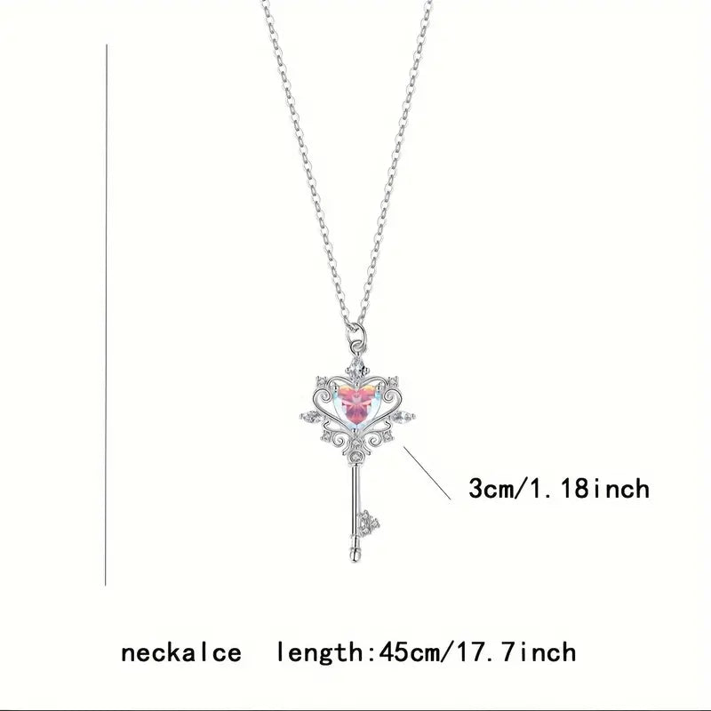 Sterling Silver Pink Cubic Zirconia Heart Key Pendant & Chain