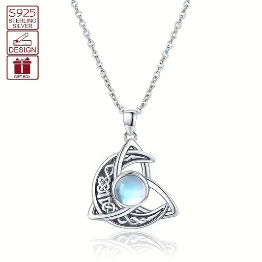 Sterling Silver Small Celtic Knot Crescent Moon Moonstone Pendant & Chain