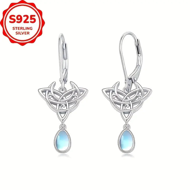 Sterling Silver Celtic Knot Crescent Moon Moonstone Drop Earrings