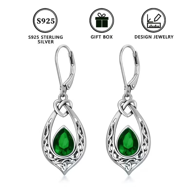 Sterling Silver Celtic Knot Emerald CZ Teardrop Drop Earrings