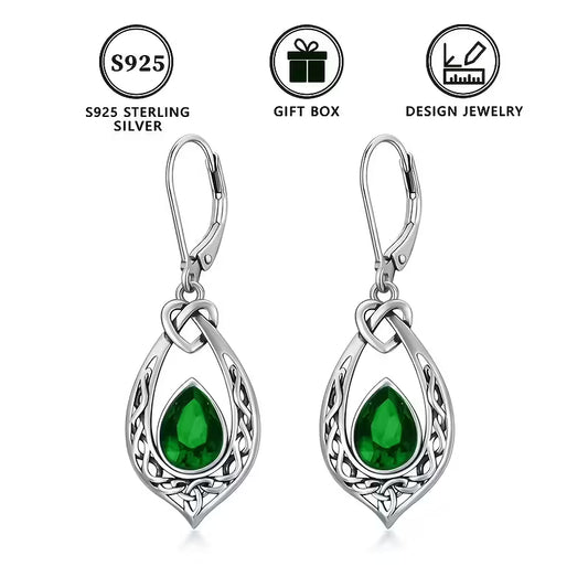 Sterling Silver Celtic Knot Emerald CZ Teardrop Drop Earrings