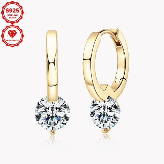 Sterling Silver Yellow Gold Plated 1ct White Moissanite Hoop Earrings