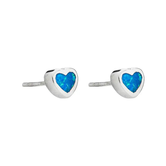 Sterling Silver Blue Opal Small Heart Stud Earrings