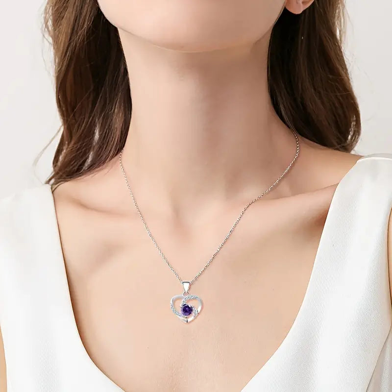 Sterling Silver Purple Cubic Zirconia Heart Pendant & Chain