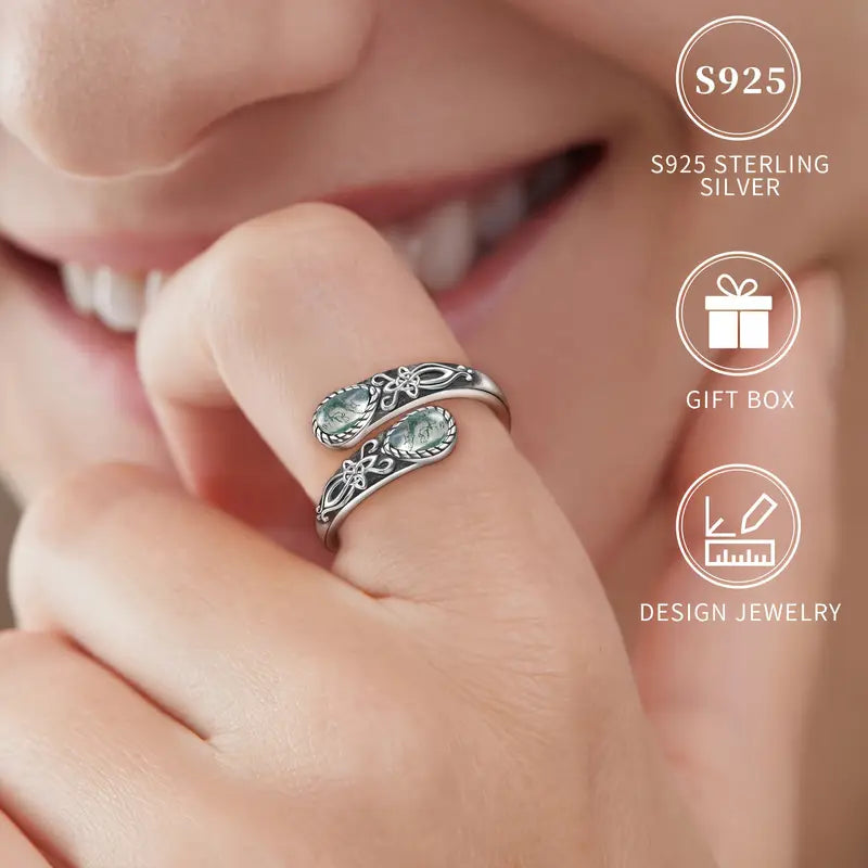 Sterling Silver Teardrop Moos Agate Celtic Knot Pattern Ring Adjustable size P-T