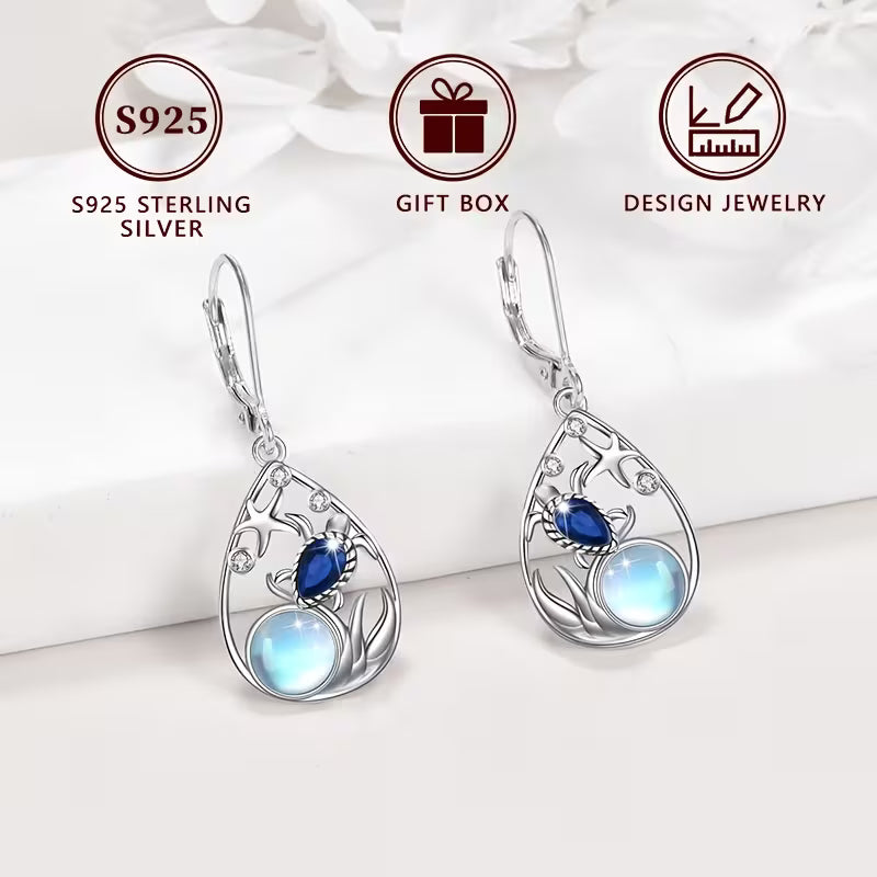 Sterling Silver Sea Turtle Moonstone & CZ Teardrop Drop Earrings