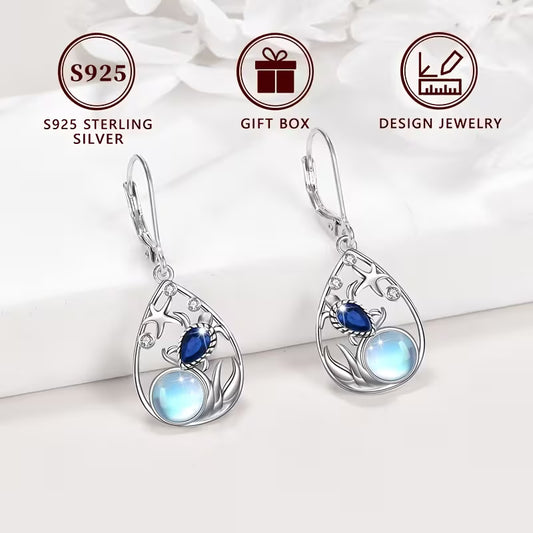 Sterling Silver Sea Turtle Moonstone & CZ Teardrop Drop Earrings
