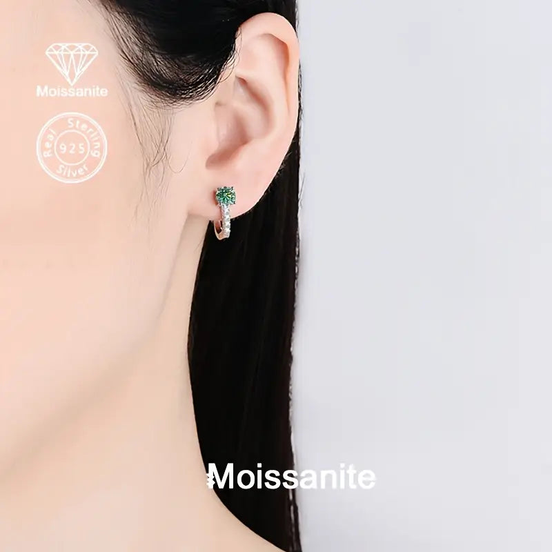 Sterling Silver 1ct Blue/Green Moissanite Huggie Hoop Earrings
