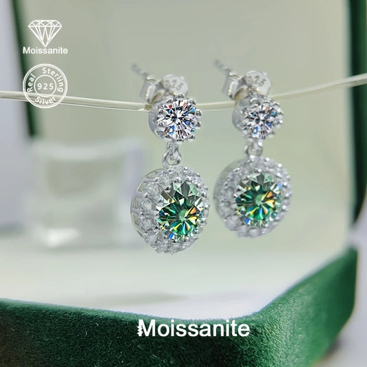 Sterling Silver 1ct Blue/Green Moissanite Stud Drop Earrings