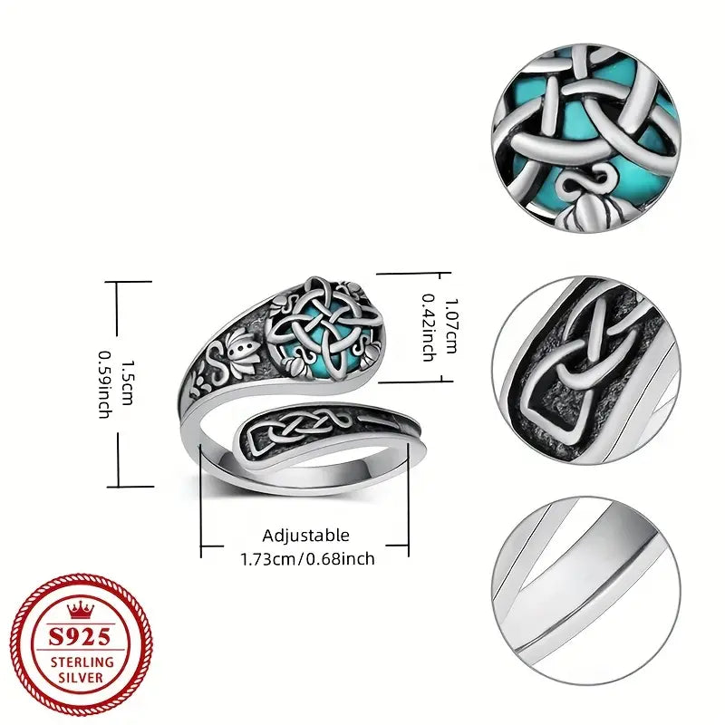 Sterling Silver Witches Knot Turquoise Patterned Spoon Ring Adjustable size P-T