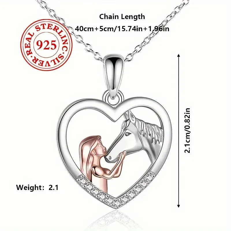 Sterling Silver 2 Tone Hugging Black Horse & Child Cubic Zirconia Heart Pendant & Chain