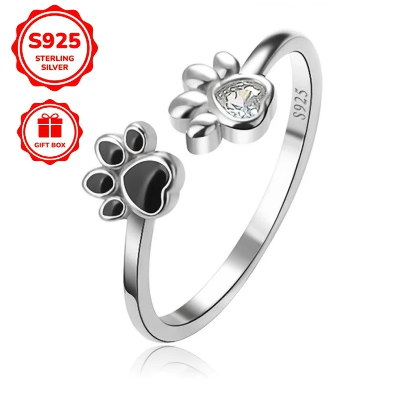 Sterling Silver Paw Prints Heart Cubic Zirconia Ring (Adjustable N-S)
