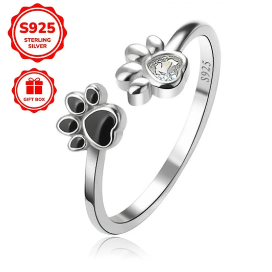 Sterling Silver Paw Prints Heart Cubic Zirconia Ring (Adjustable N-S)