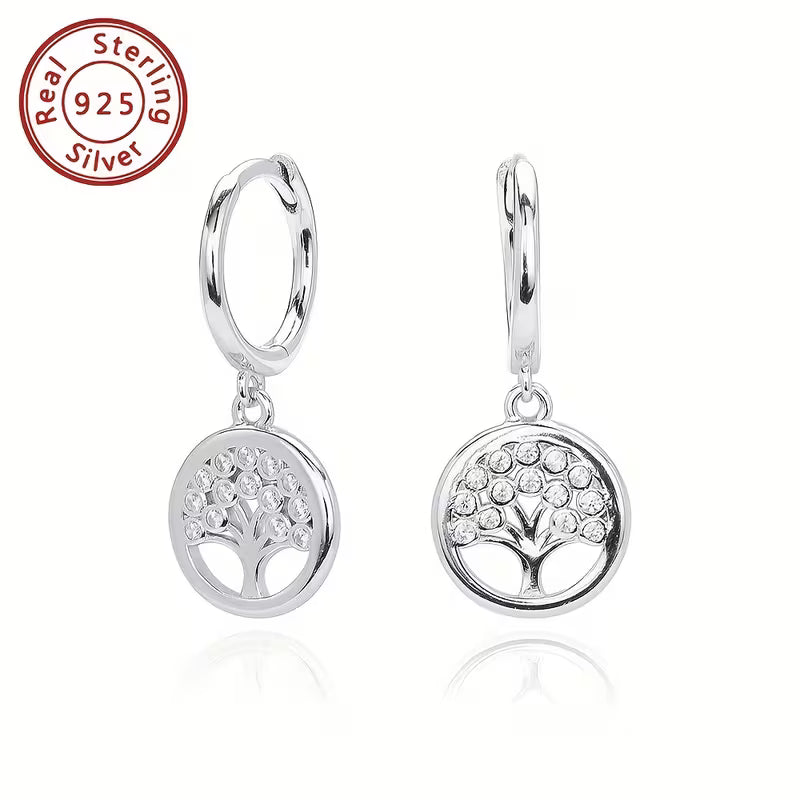 Sterling Silver Tree of Life Cubic Zirconia Hoop Drop Earrings