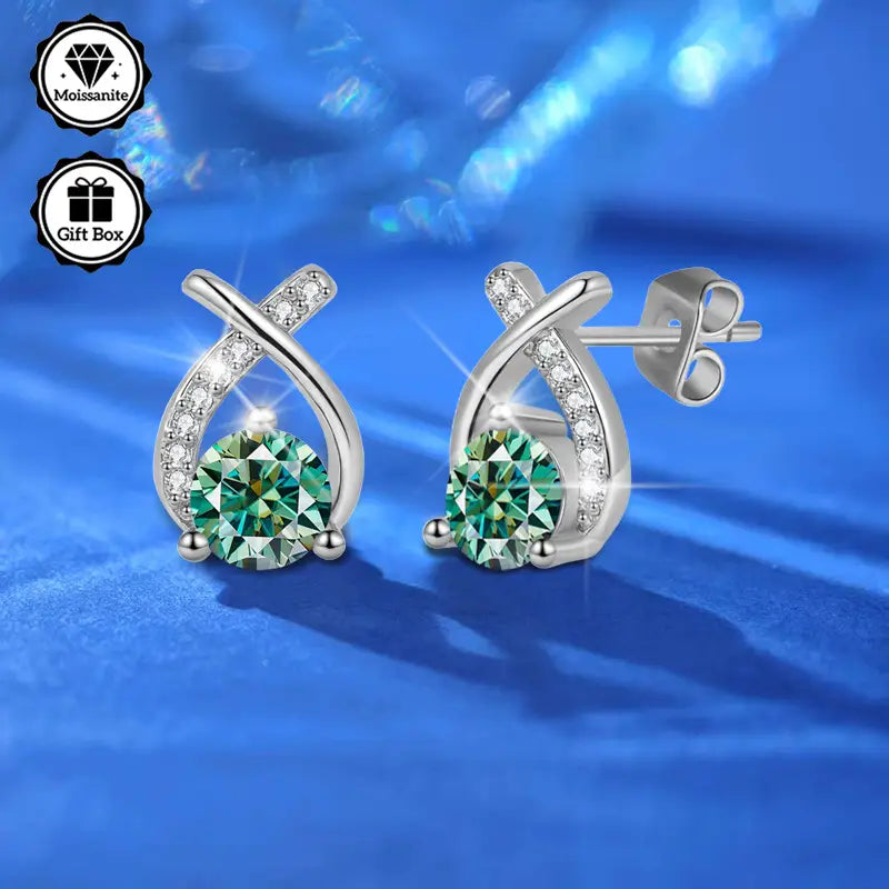 Sterling Silver 0.5ct Blue/Green Moissanite Bow Stud Earrings