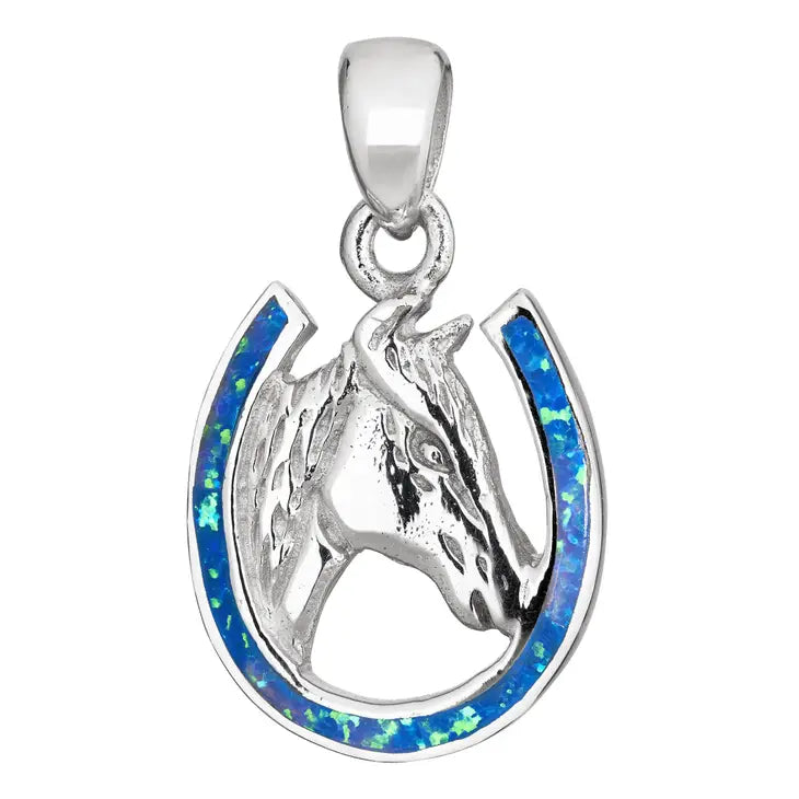 Sterling Silver Blue Opal Horse Pendant & Chain