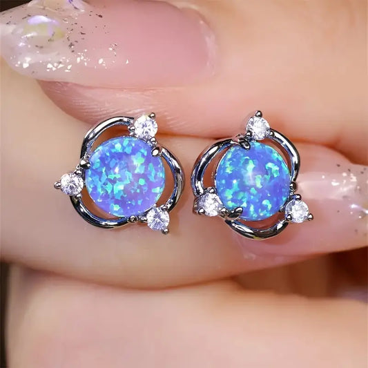 Sterling Silver Blue Opal & Cubic Zirconia Stud Earrings
