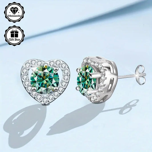 Sterling Silver 1ct Blue/Green Moissanite Heart Stud Earrings