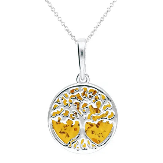 Sterling Silver Amber Tree of Life Pendant & Chain