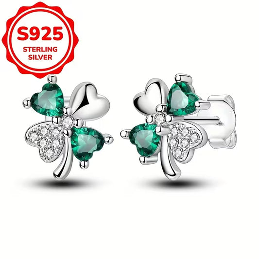 Sterling Silver 4 Leaf Clover Cubic Zirconia Stud Earrings