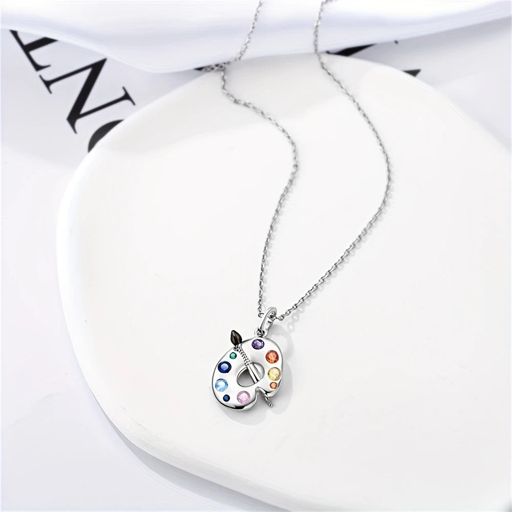 Sterling Silver Paintbrush & Palette Cubic Zirconia Pendant & Chain