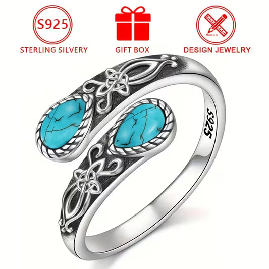 Sterling Silver Teardrop Turquoise Patterned Ring Adjustable P-T